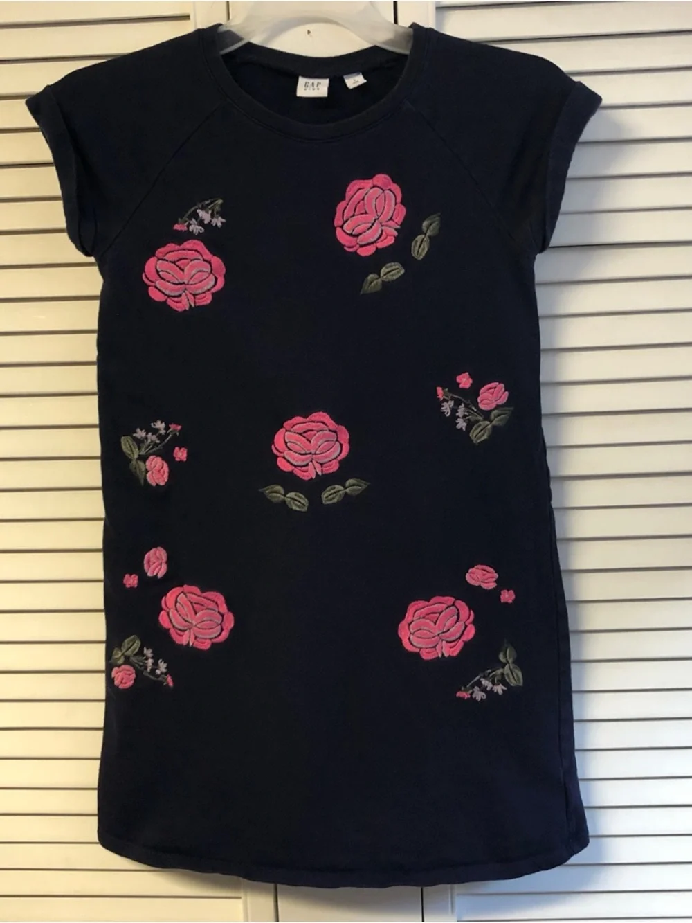 GAP girls size 10 Navy Dress with Pink Rose Embroidery